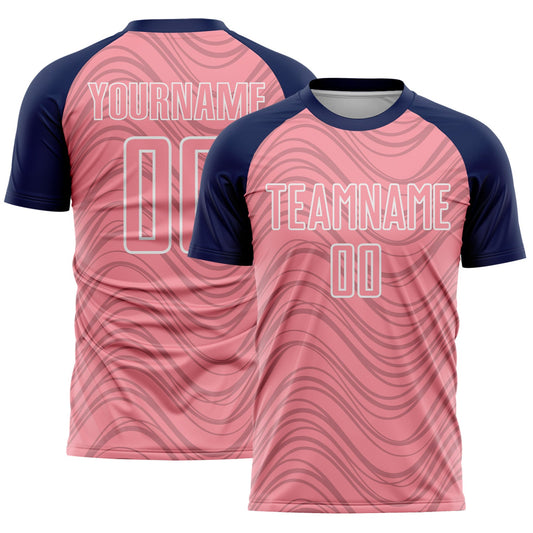 Custom Medium Pink Navy-White Wavy Lines Sports Sublimation Soccer Uniform Jersey - Main View