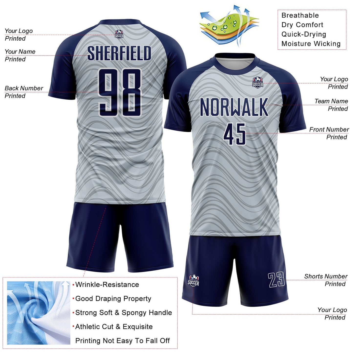 Custom Silver Navy-White Wavy Lines Sports Sublimation Soccer Uniform Jersey view 4