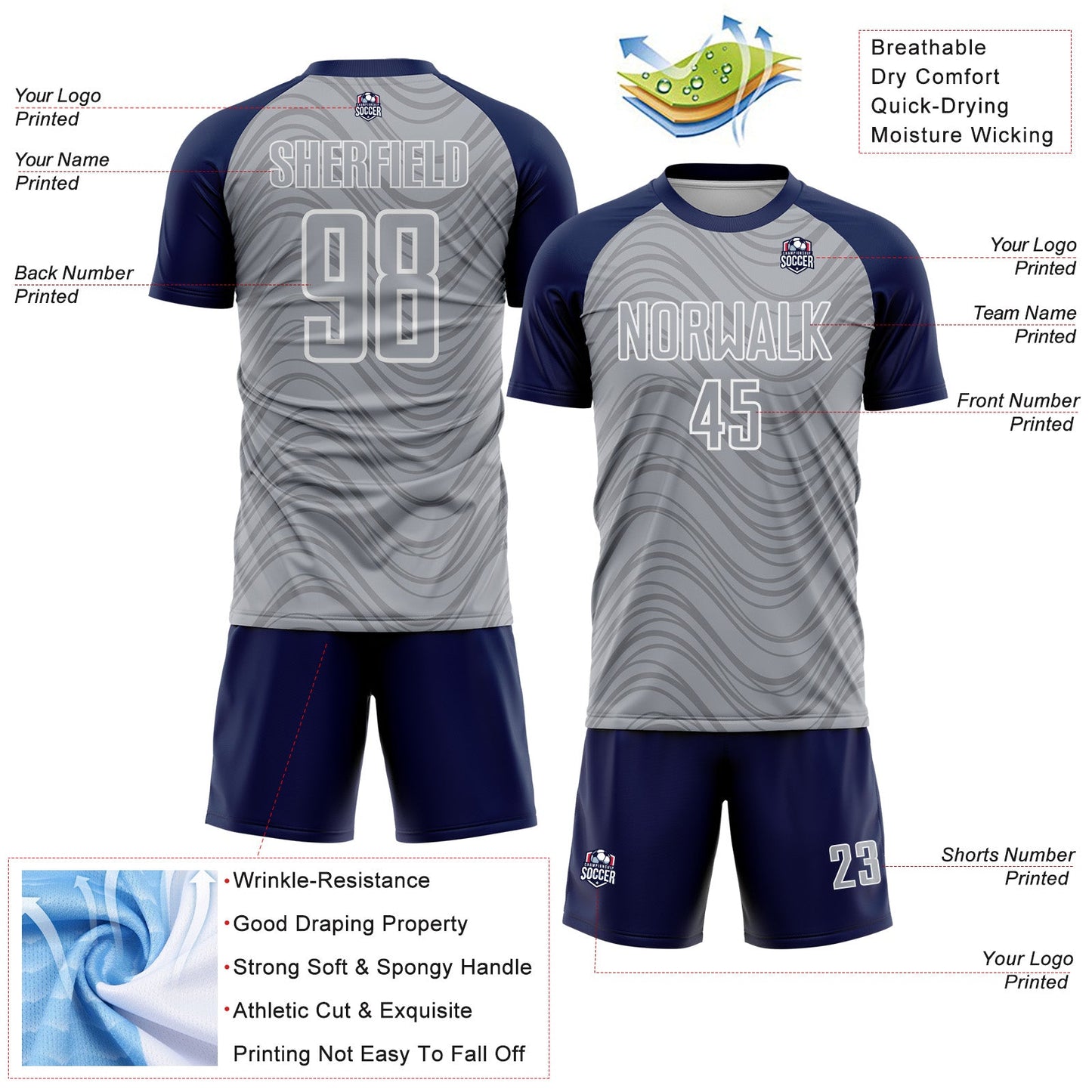 Custom Gray Navy-White Wavy Lines Sports Sublimation Soccer Uniform Jersey view 4