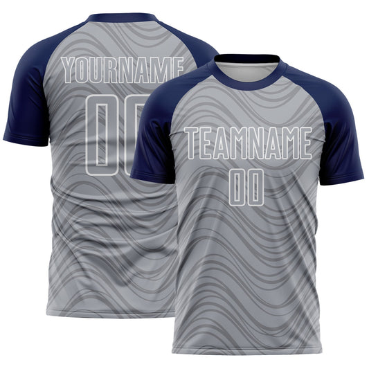 Custom Gray Navy-White Wavy Lines Sports Sublimation Soccer Uniform Jersey - Main View
