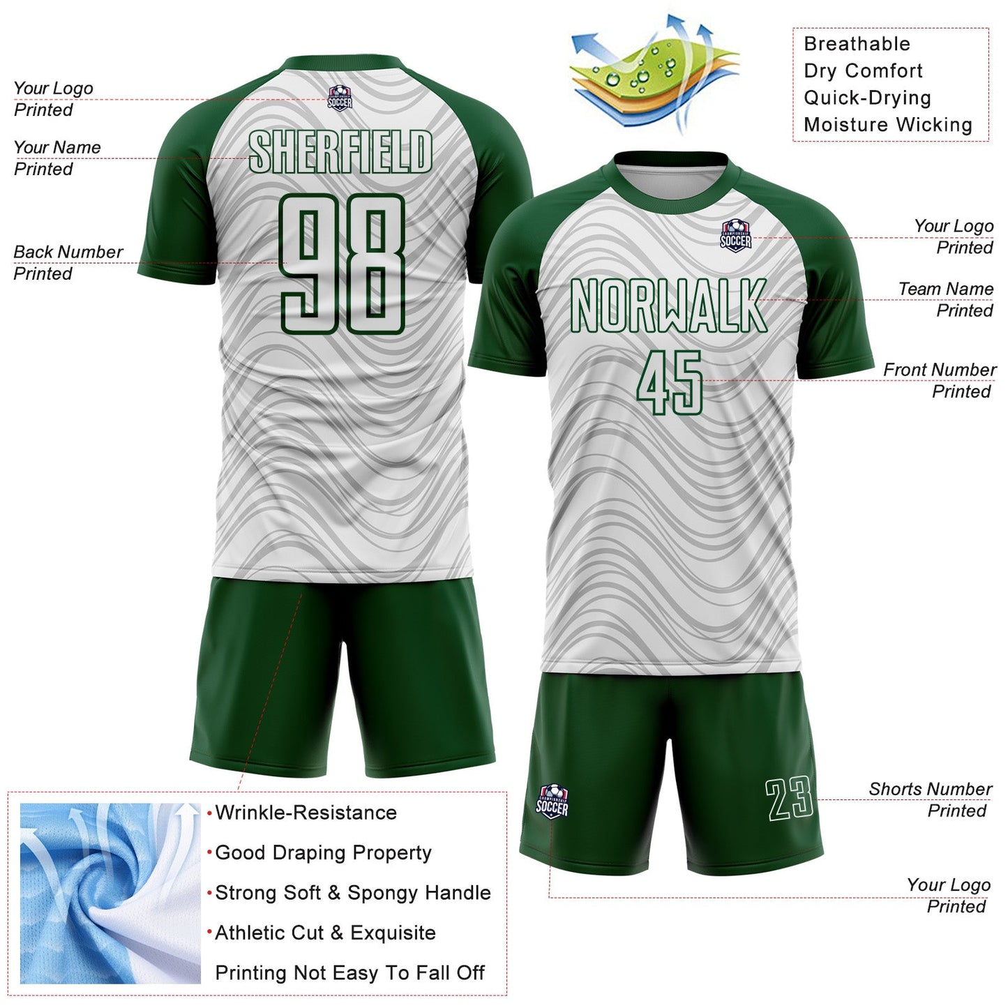 Custom White Green Wavy Lines Sports Sublimation Soccer Uniform Jersey view 4