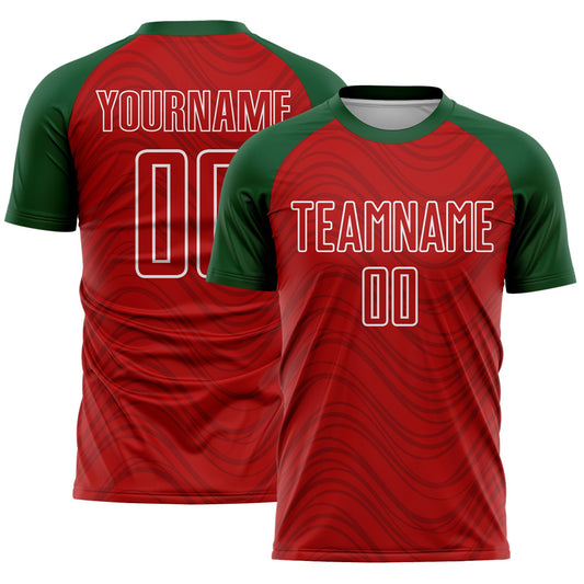 Custom Red Green-White Wavy Lines Sports Sublimation Soccer Uniform Jersey - Main View