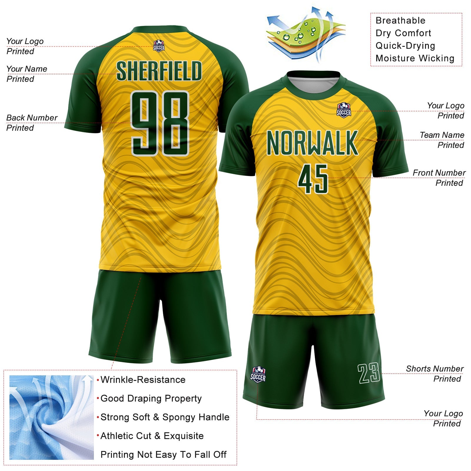 Custom Yellow Green-White Wavy Lines Sports Sublimation Soccer Uniform Jersey view 4