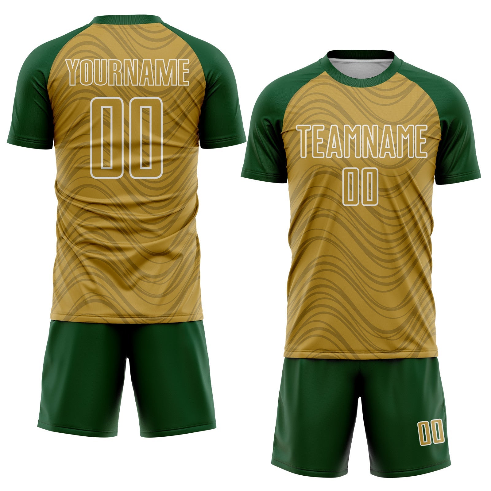 Custom Old Gold Green-White Wavy Lines Sports Sublimation Soccer Uniform Jersey view 2