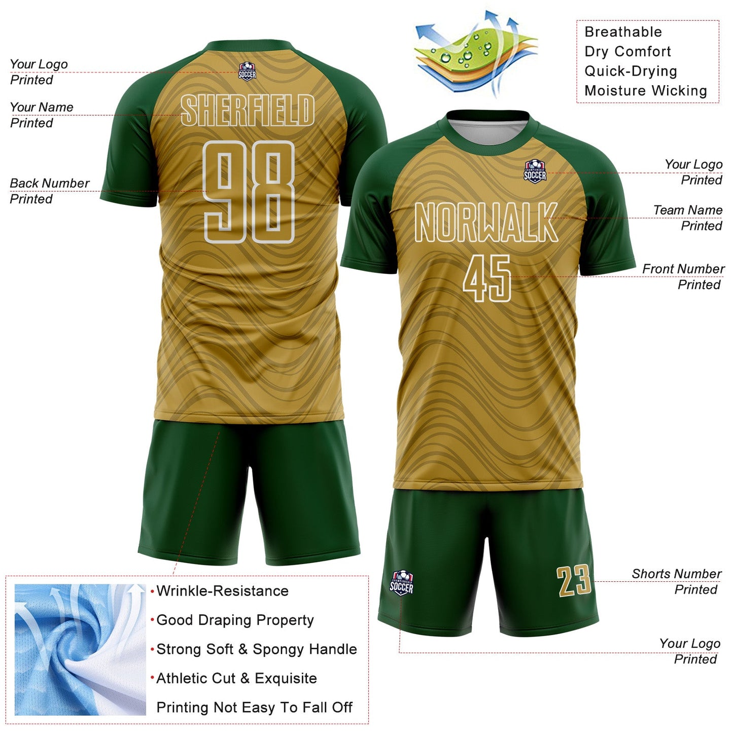 Custom Old Gold Green-White Wavy Lines Sports Sublimation Soccer Uniform Jersey view 4