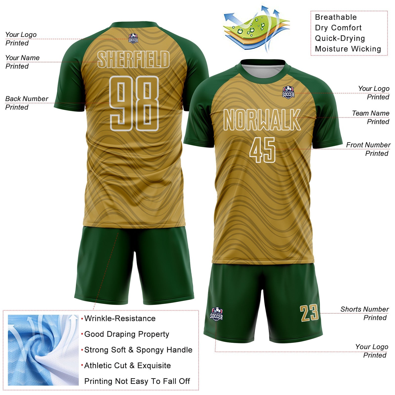 Custom Old Gold Green-White Wavy Lines Sports Sublimation Soccer Uniform Jersey view 4
