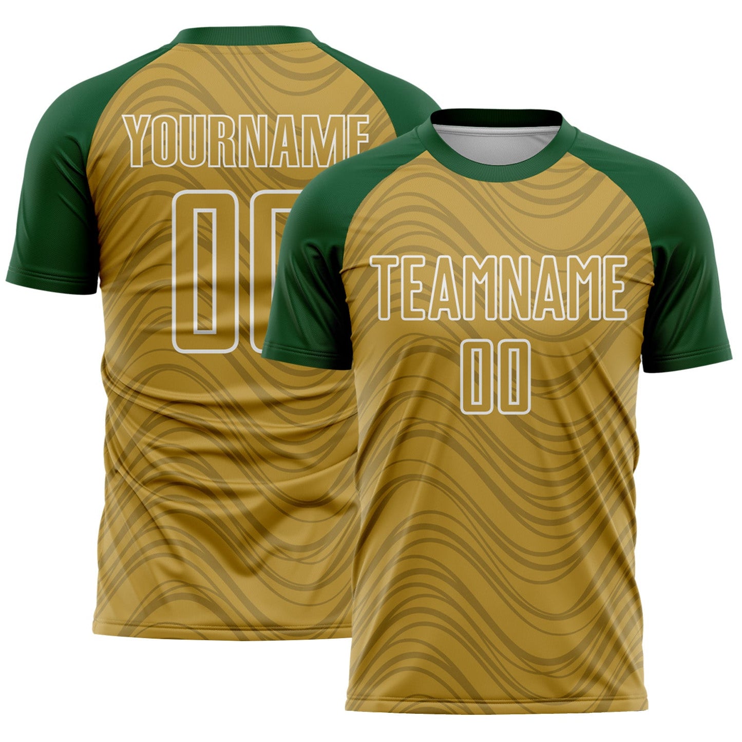 Custom Old Gold Green-White Wavy Lines Sports Sublimation Soccer Uniform Jersey - Main View
