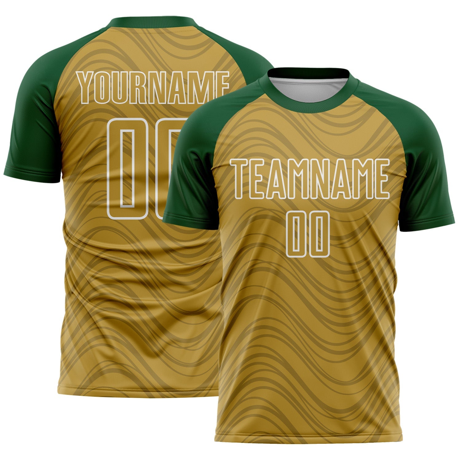 Custom Old Gold Green-White Wavy Lines Sports Sublimation Soccer Uniform Jersey - Main View