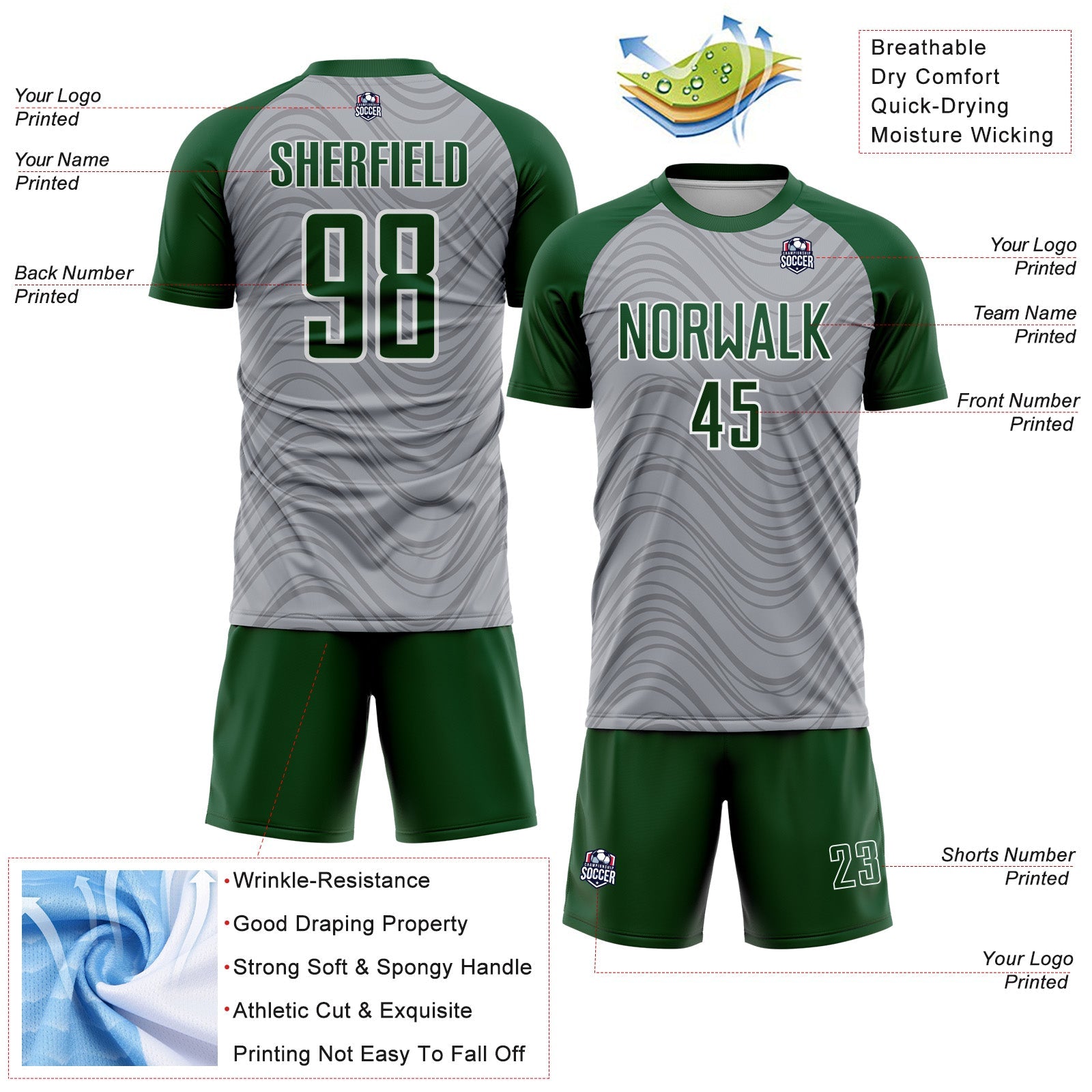Custom Gray Green-White Wavy Lines Sports Sublimation Soccer Uniform Jersey view 4