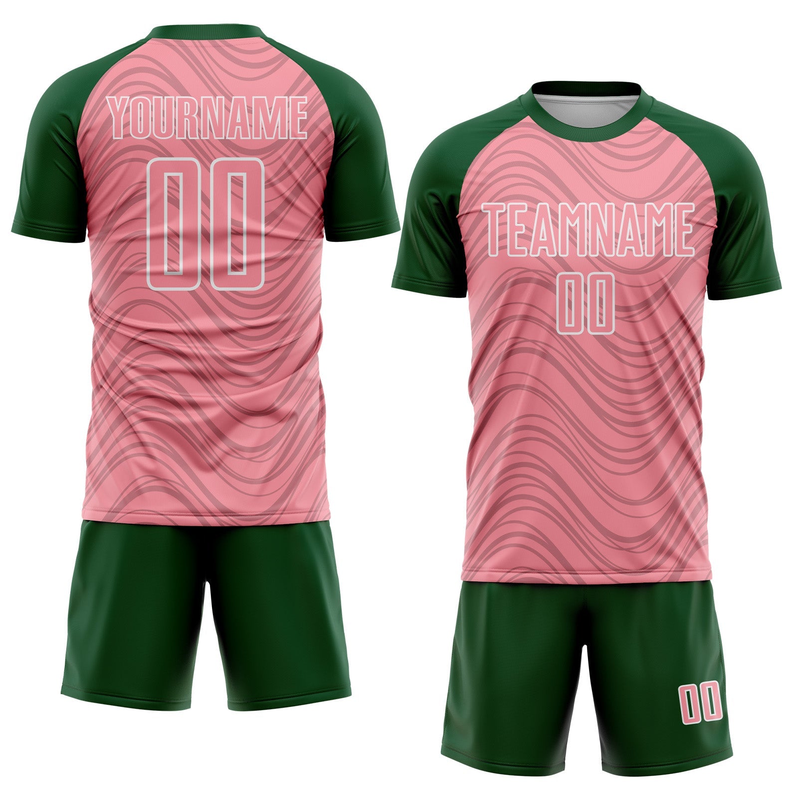 Custom Medium Pink Green-White Wavy Lines Sports Sublimation Soccer Uniform Jersey view 2
