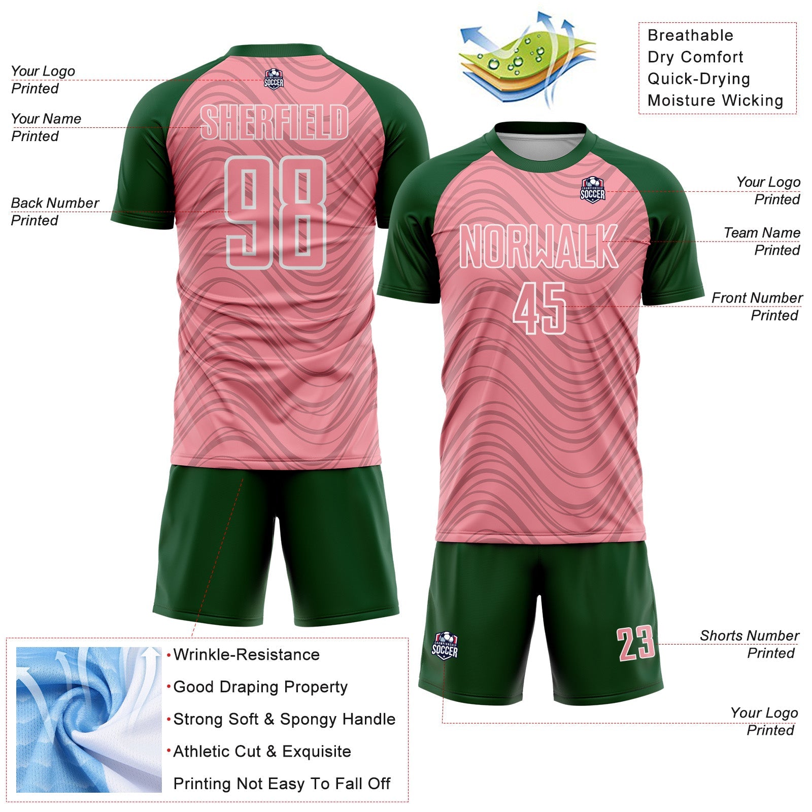 Custom Medium Pink Green-White Wavy Lines Sports Sublimation Soccer Uniform Jersey view 4