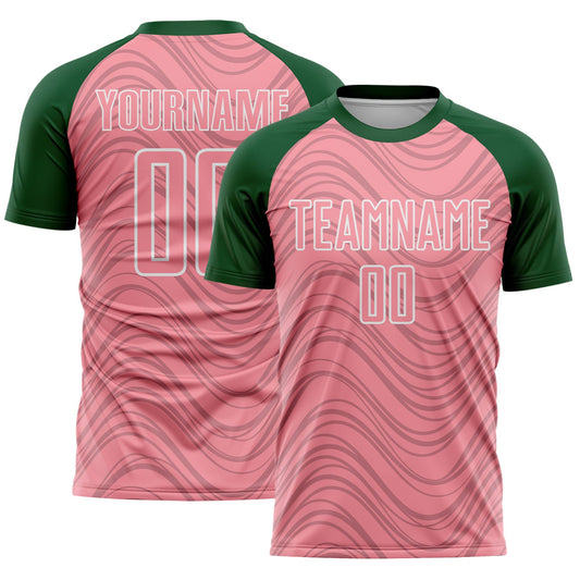 Custom Medium Pink Green-White Wavy Lines Sports Sublimation Soccer Uniform Jersey - Main View