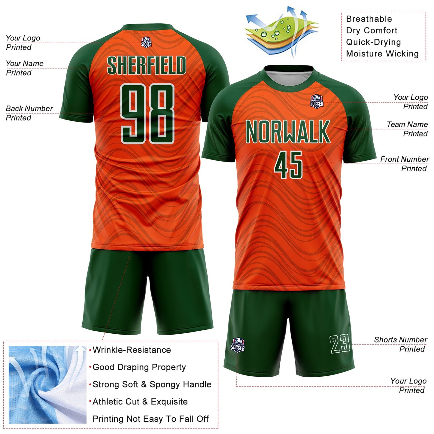 Custom Orange Green-White Wavy Lines Sports Sublimation Soccer Uniform Jersey view 4
