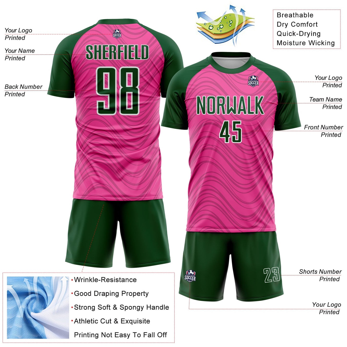 Custom Pink Green-White Wavy Lines Sports Sublimation Soccer Uniform Jersey view 4