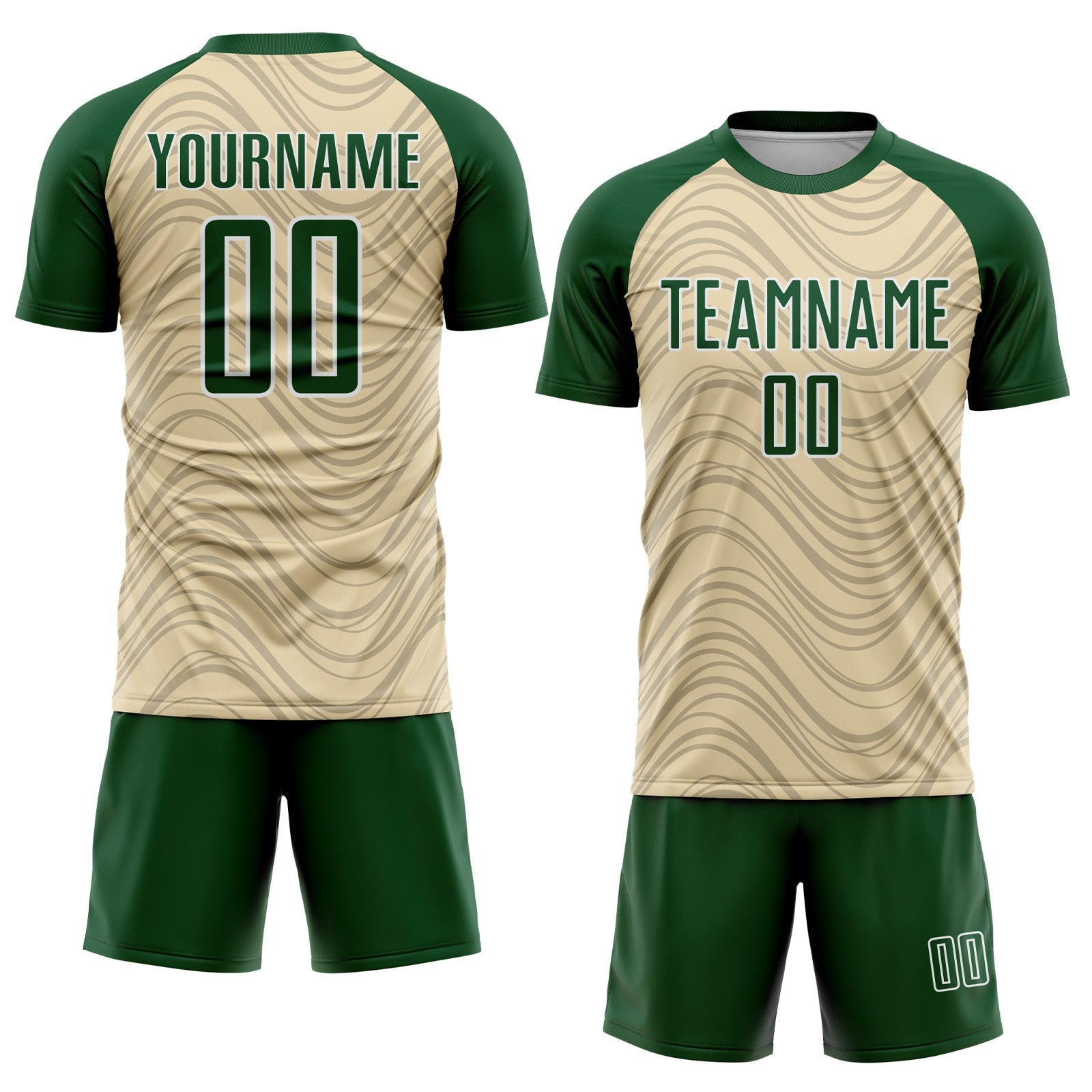 Custom Cream Green-White Wavy Lines Sports Sublimation Soccer Uniform Jersey view 2