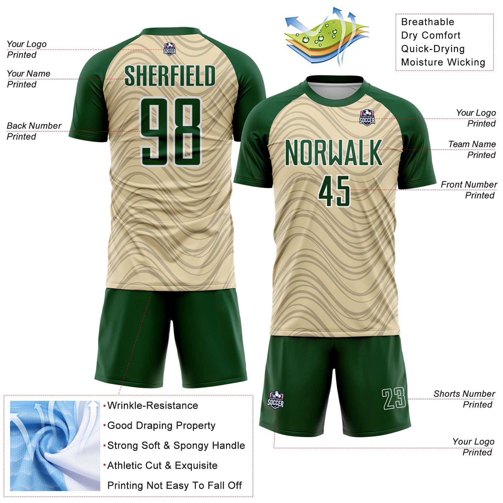 Custom Cream Green-White Wavy Lines Sports Sublimation Soccer Uniform Jersey view 4
