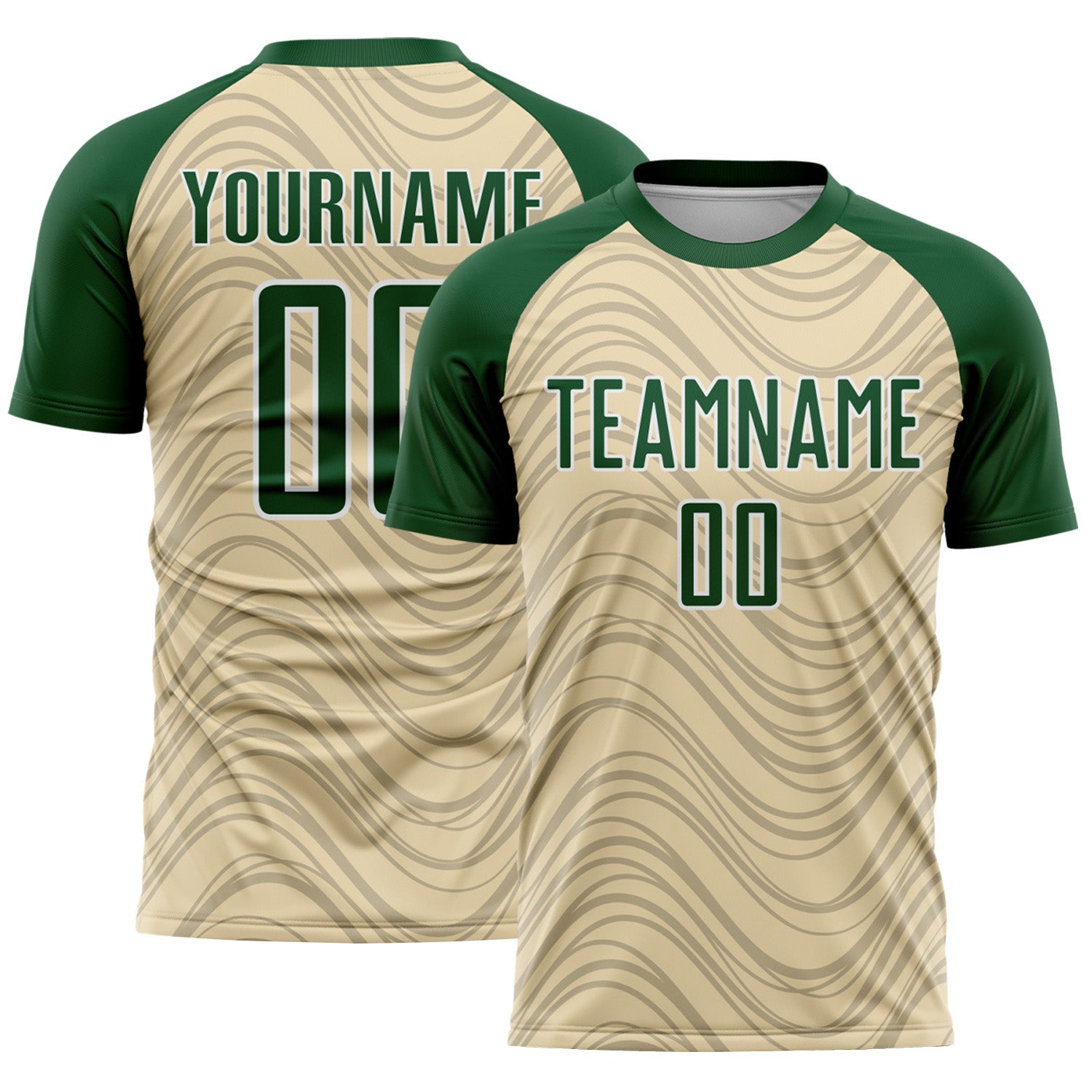 Custom Cream Green-White Wavy Lines Sports Sublimation Soccer Uniform Jersey - Main View