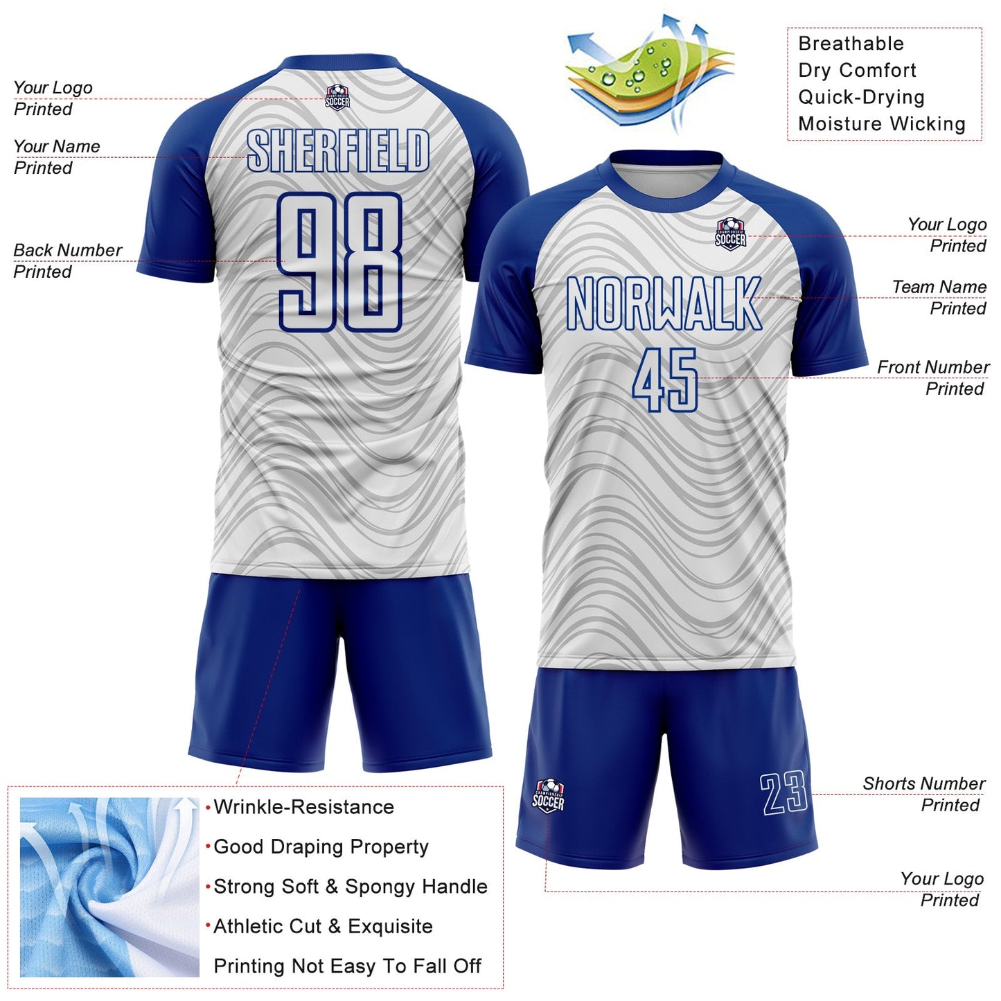 Custom White Royal Wavy Lines Sports Sublimation Soccer Uniform Jersey view 4