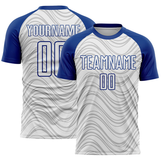 Custom White Royal Wavy Lines Sports Sublimation Soccer Uniform Jersey - Main View