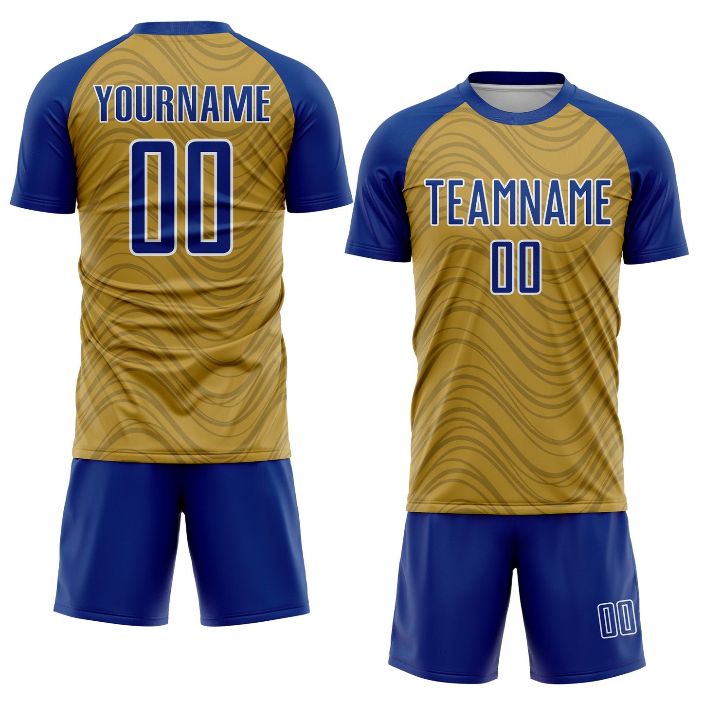 Custom Old Gold Royal-White Wavy Lines Sports Sublimation Soccer Uniform Jersey view 2