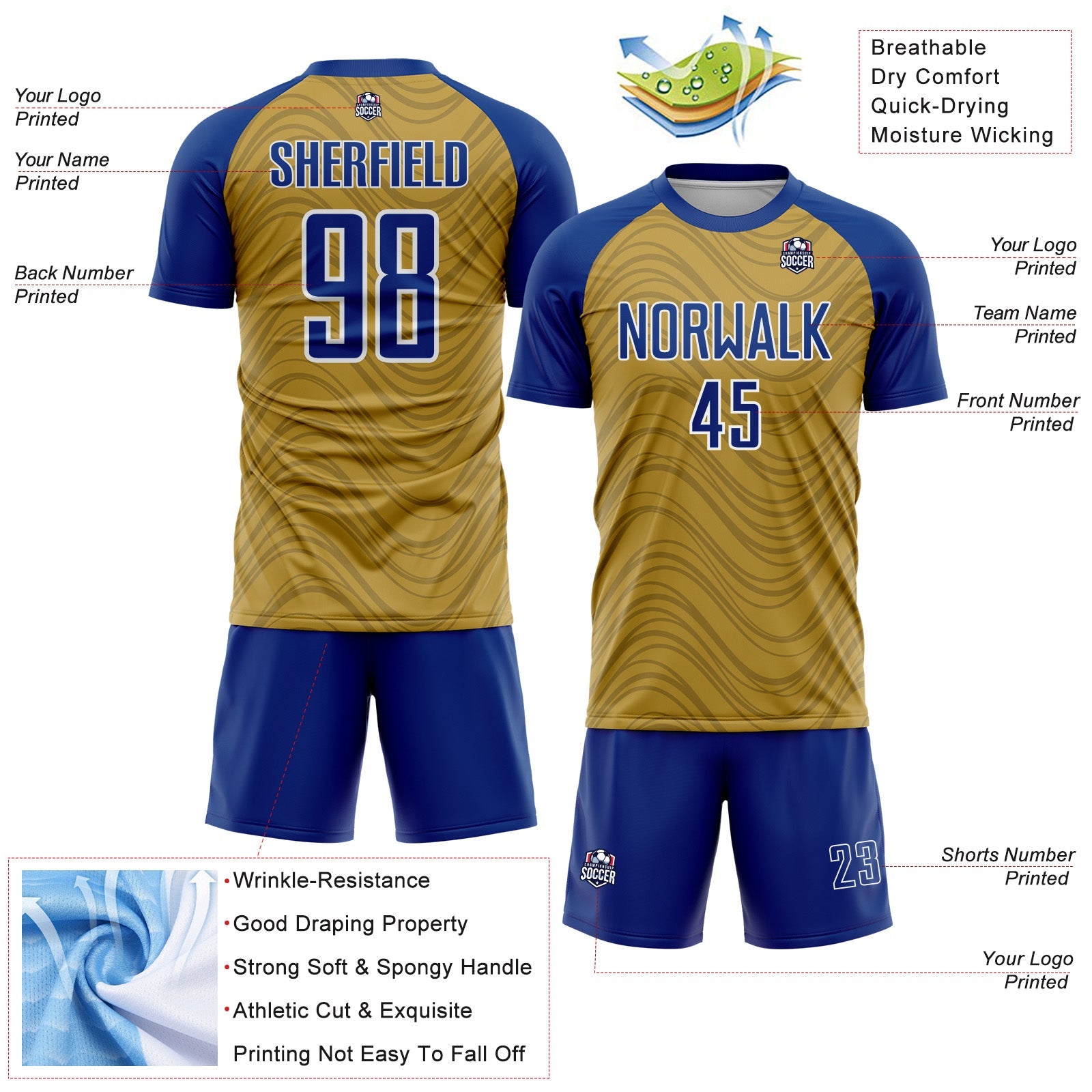 Custom Old Gold Royal-White Wavy Lines Sports Sublimation Soccer Uniform Jersey view 4
