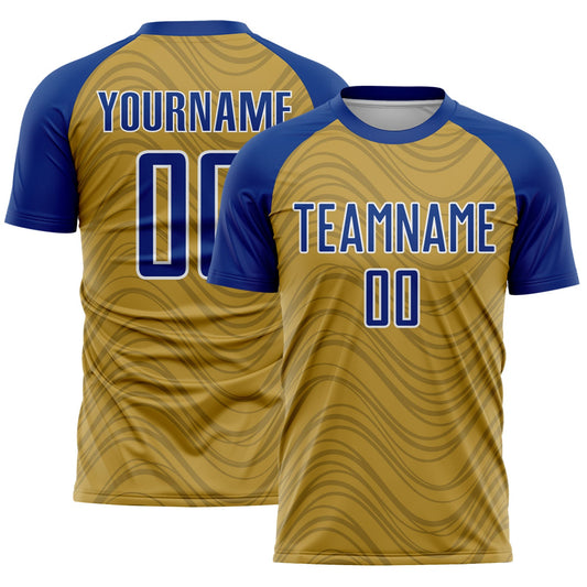 Custom Old Gold Royal-White Wavy Lines Sports Sublimation Soccer Uniform Jersey - Main View