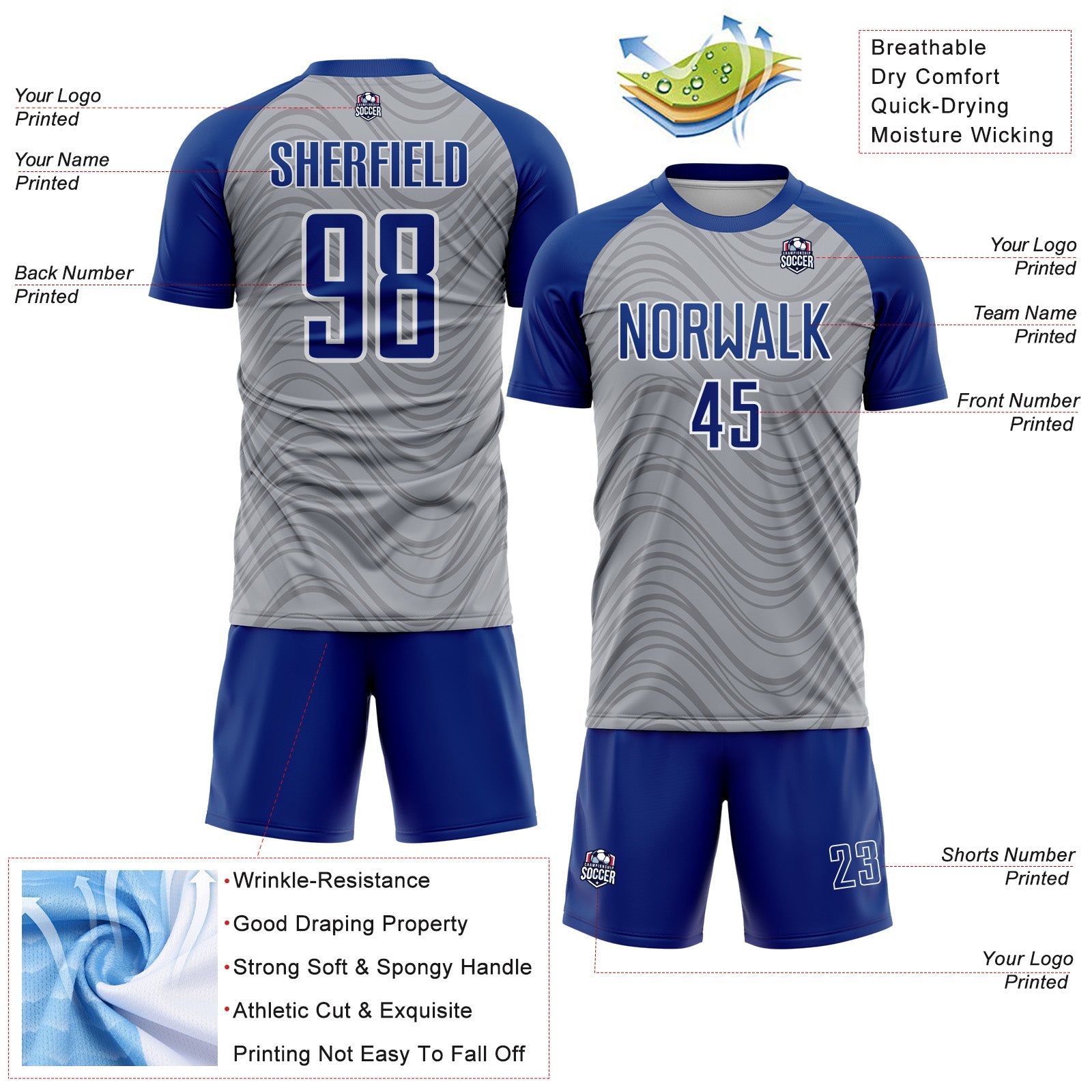 Custom Gray Royal-White Wavy Lines Sports Sublimation Soccer Uniform Jersey view 4