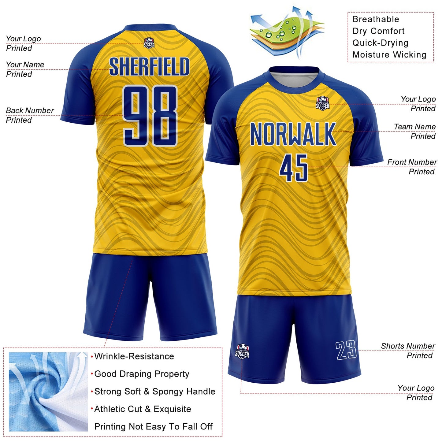 Custom Yellow Royal-White Wavy Lines Sports Sublimation Soccer Uniform Jersey view 4
