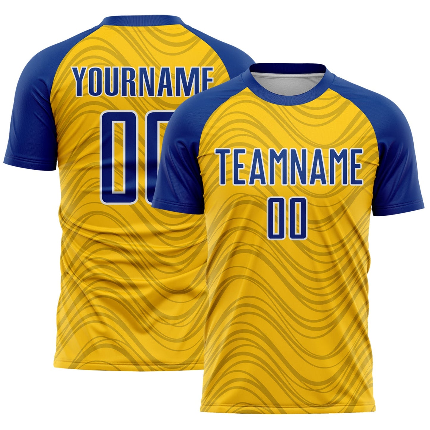 Custom Yellow Royal-White Wavy Lines Sports Sublimation Soccer Uniform Jersey - Main View
