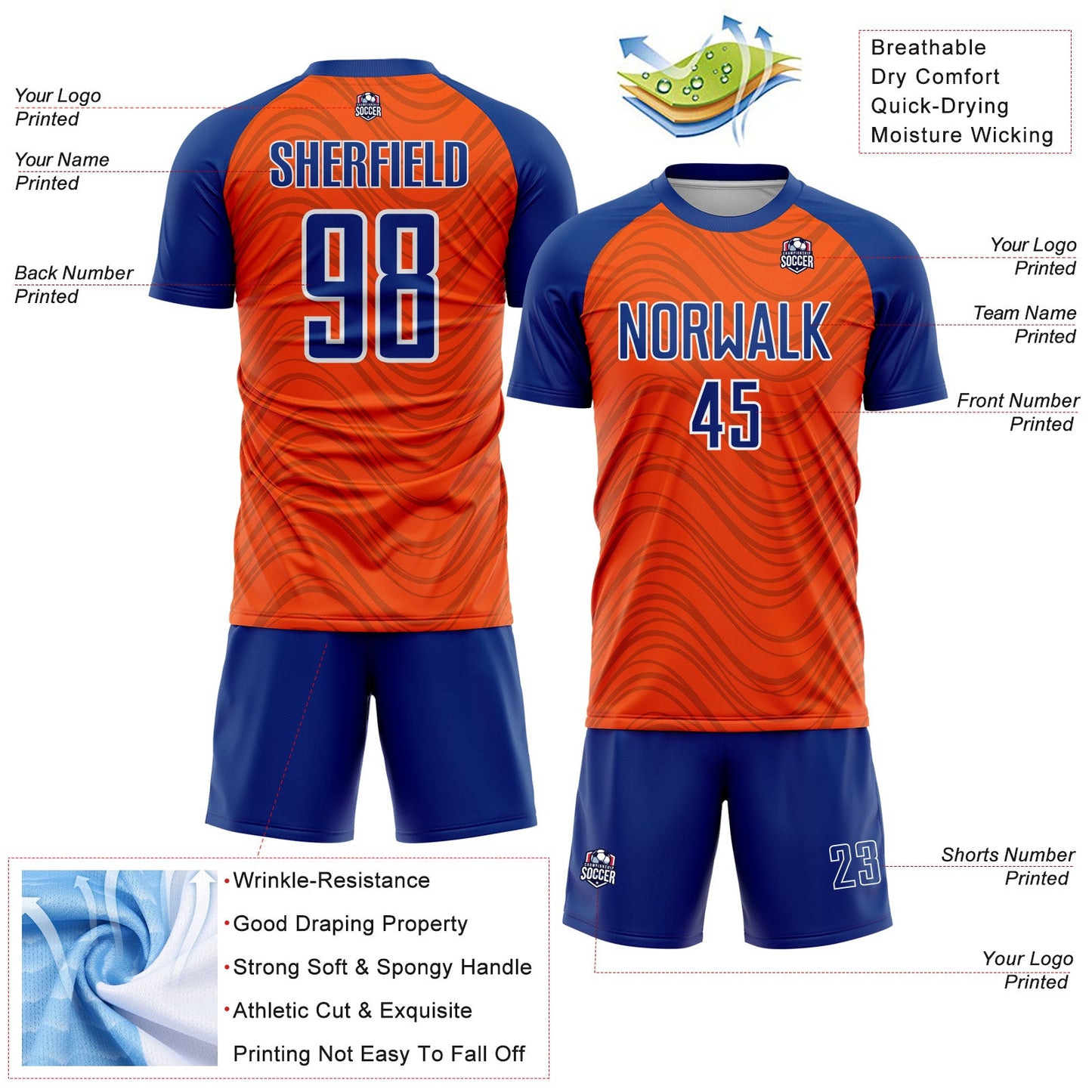 Custom Orange Royal-White Wavy Lines Sports Sublimation Soccer Uniform Jersey view 4