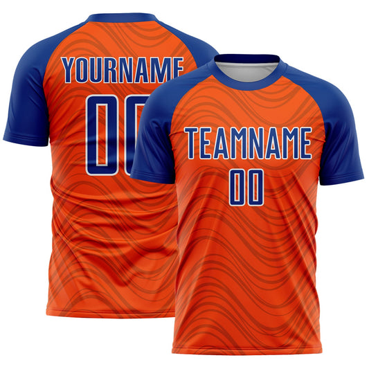 Custom Orange Royal-White Wavy Lines Sports Sublimation Soccer Uniform Jersey - Main View