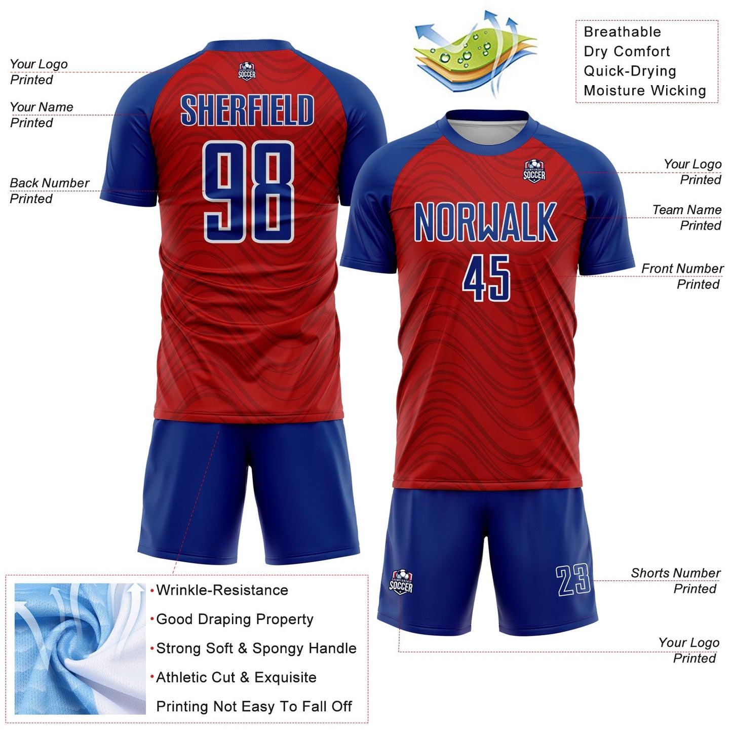 Custom Red Royal-White Wavy Lines Sports Sublimation Soccer Uniform Jersey view 4