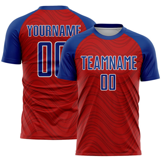 Custom Red Royal-White Wavy Lines Sports Sublimation Soccer Uniform Jersey - Main View