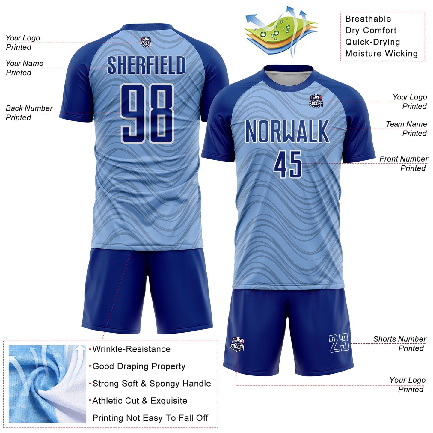 Custom Light Blue Royal-White Wavy Lines Sports Sublimation Soccer Uniform Jersey view 4
