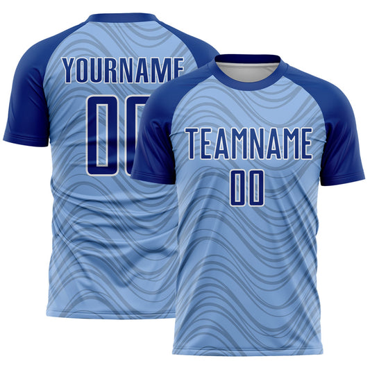 Custom Light Blue Royal-White Wavy Lines Sports Sublimation Soccer Uniform Jersey - Main View