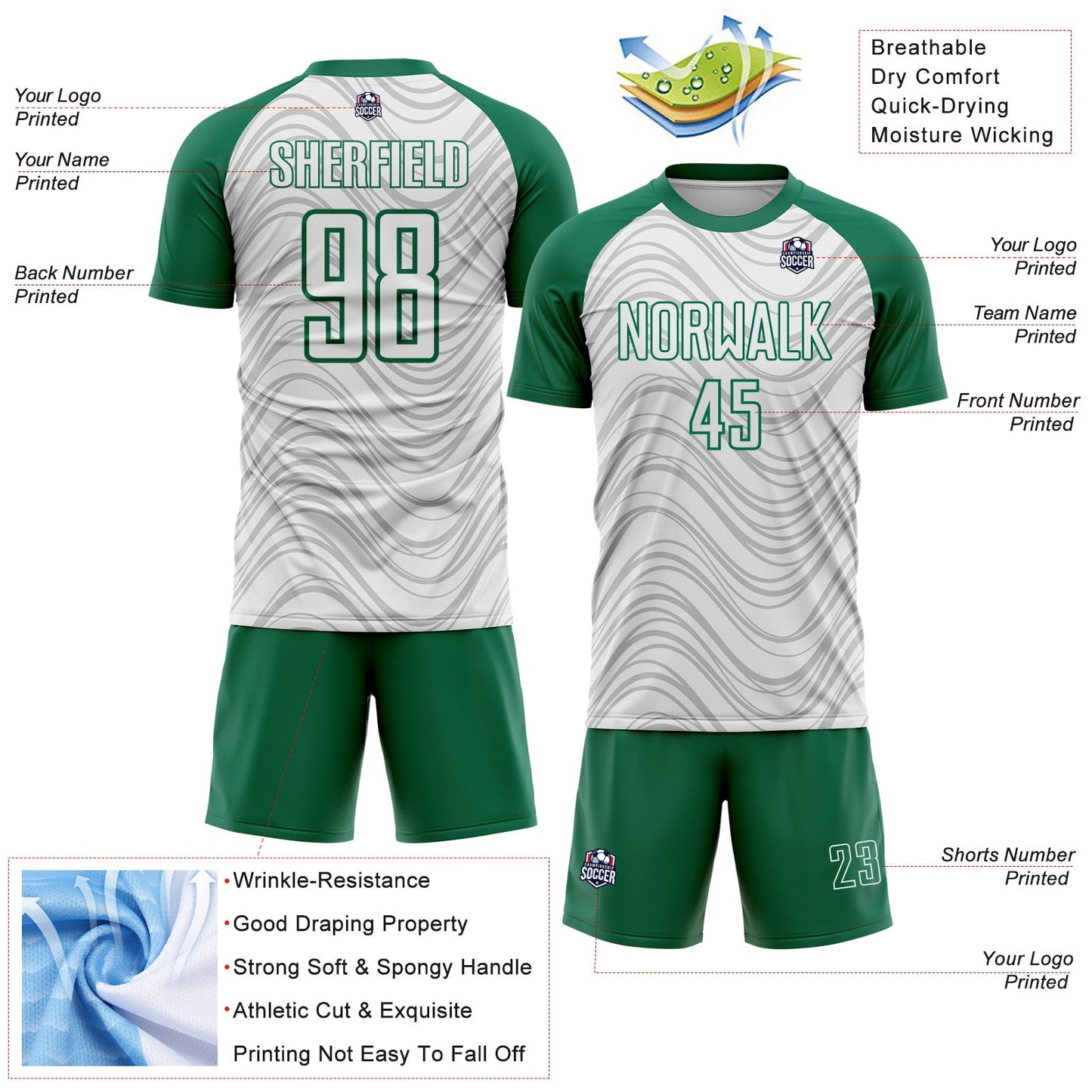 Custom White Kelly Green Wavy Lines Sports Sublimation Soccer Uniform Jersey view 4