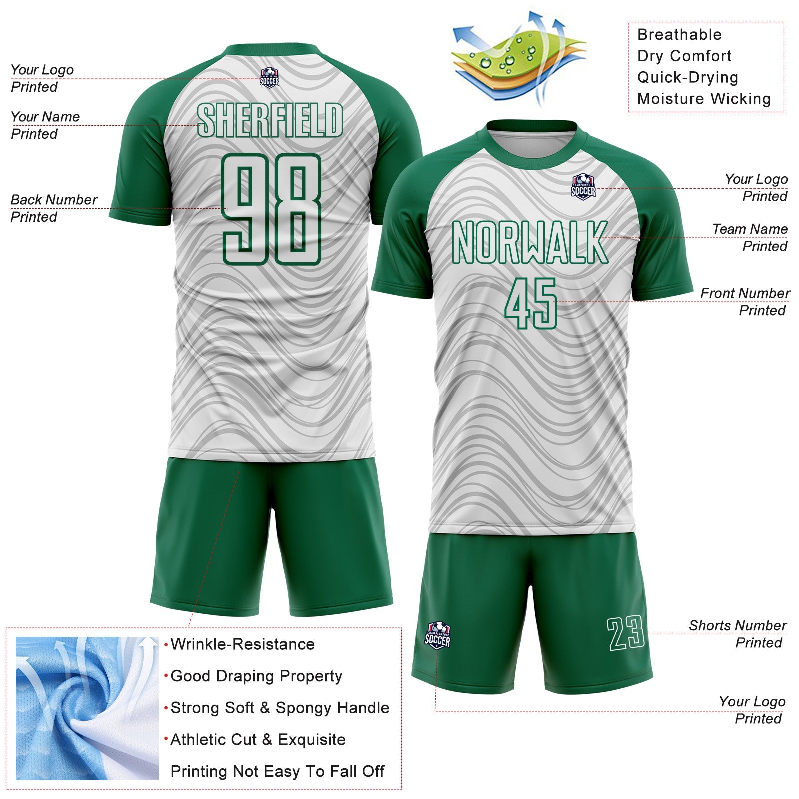 Custom White Kelly Green Wavy Lines Sports Sublimation Soccer Uniform Jersey view 4