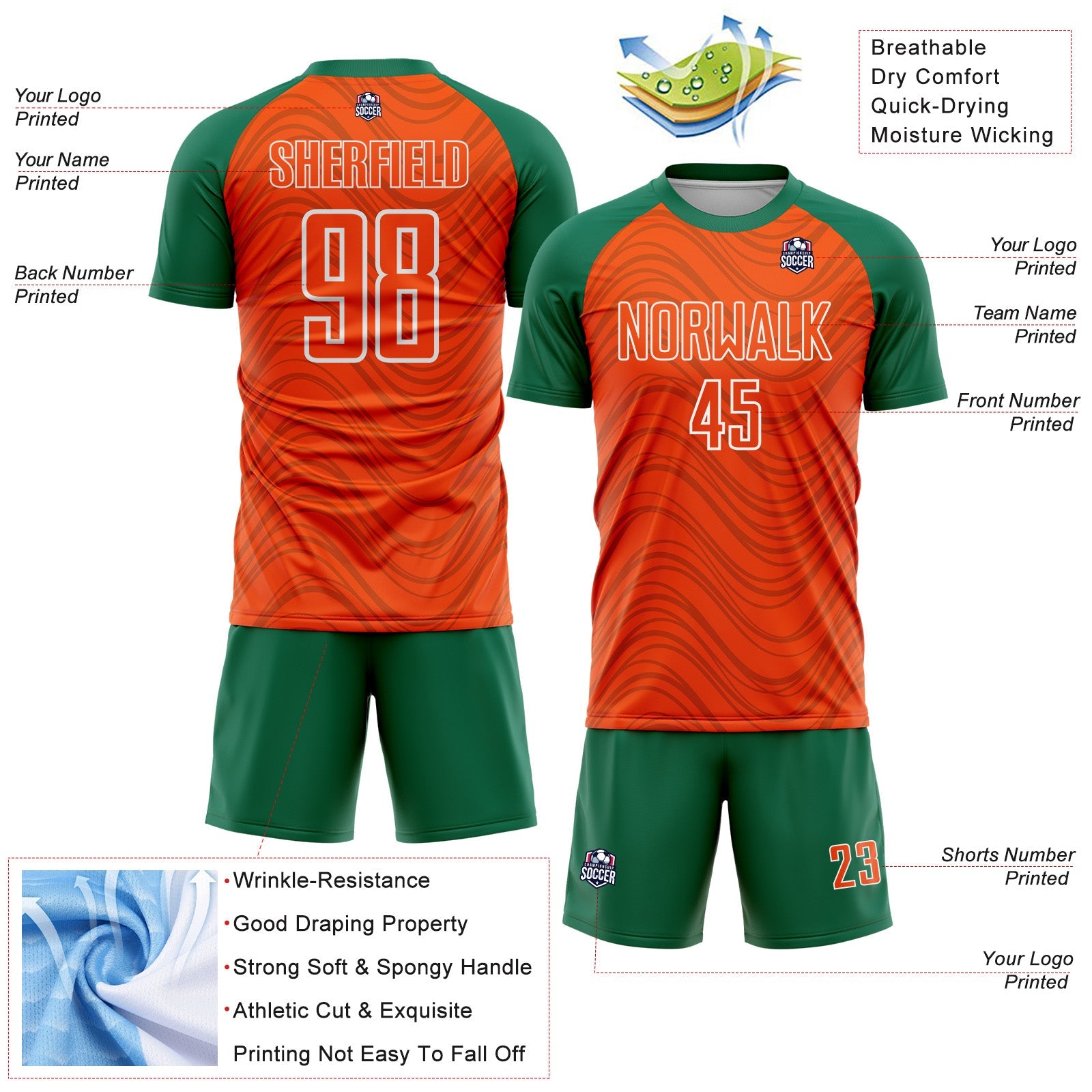 Custom Orange Kelly Green-White Wavy Lines Sports Sublimation Soccer Uniform Jersey view 4