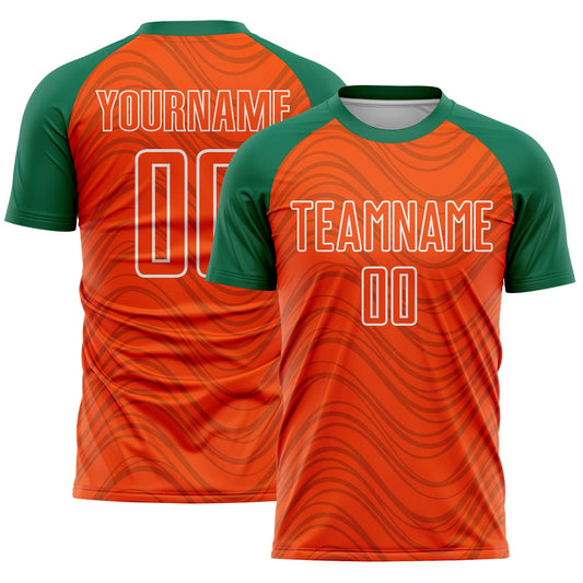 Custom Orange Kelly Green-White Wavy Lines Sports Sublimation Soccer Uniform Jersey - Main View