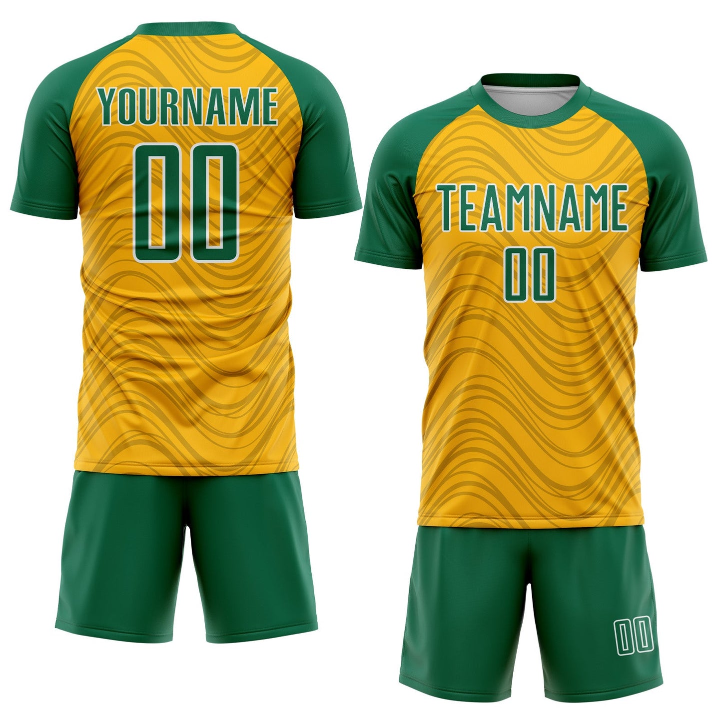 Custom Gold Kelly Green-White Wavy Lines Sports Sublimation Soccer Uniform Jersey view 2