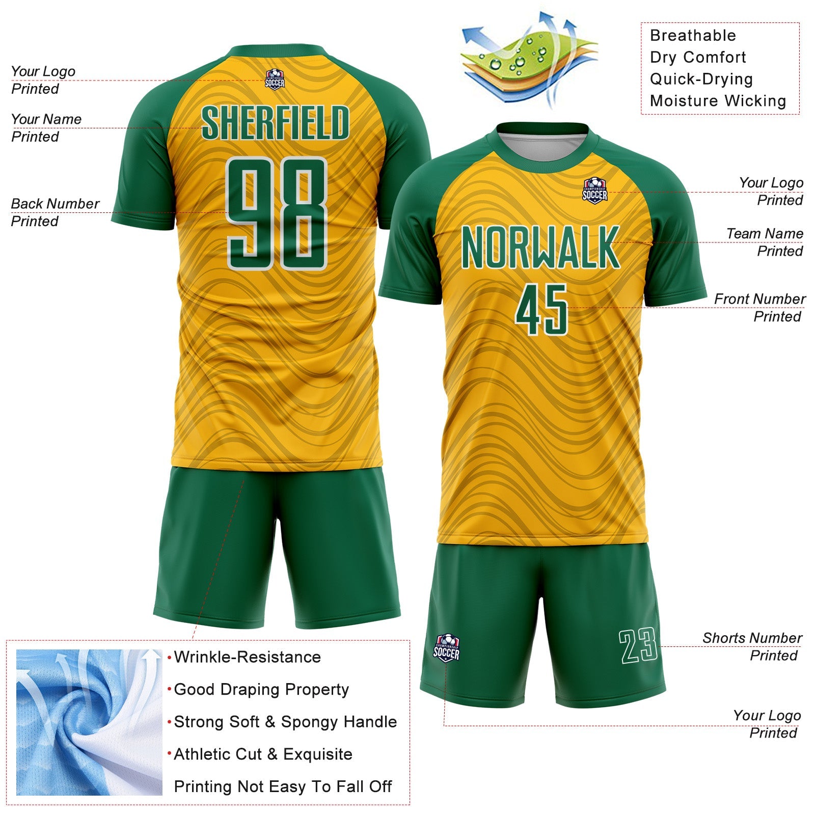 Custom Gold Kelly Green-White Wavy Lines Sports Sublimation Soccer Uniform Jersey view 4
