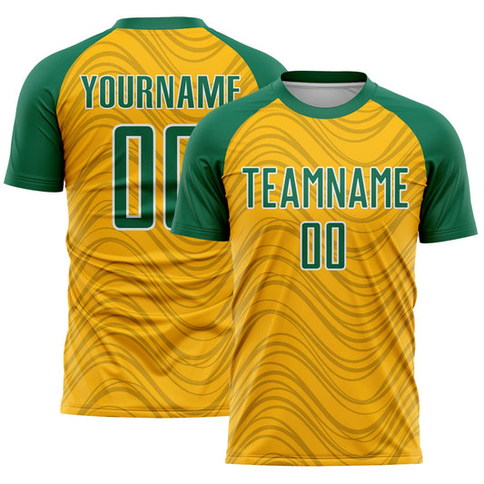 Custom Gold Kelly Green-White Wavy Lines Sports Sublimation Soccer Uniform Jersey - Main View