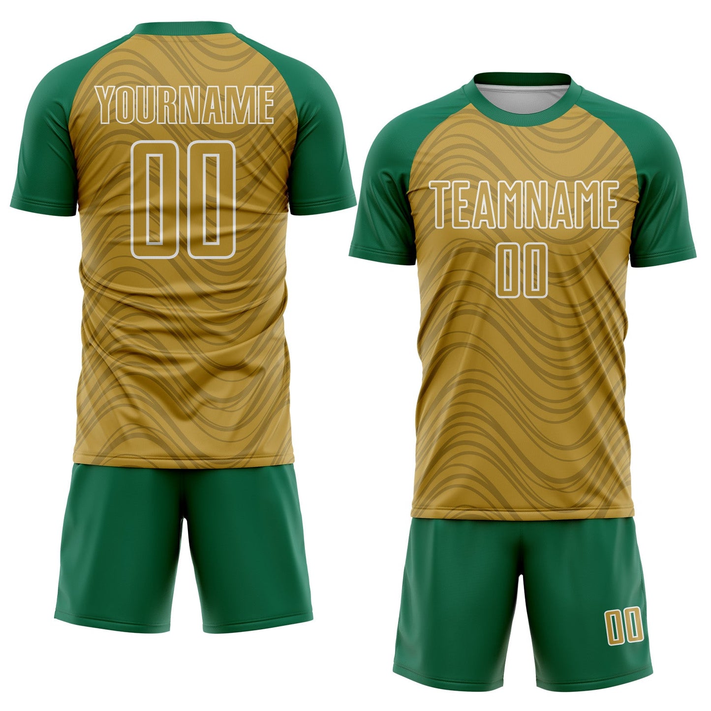 Custom Old Gold Kelly Green-White Wavy Lines Sports Sublimation Soccer Uniform Jersey view 2