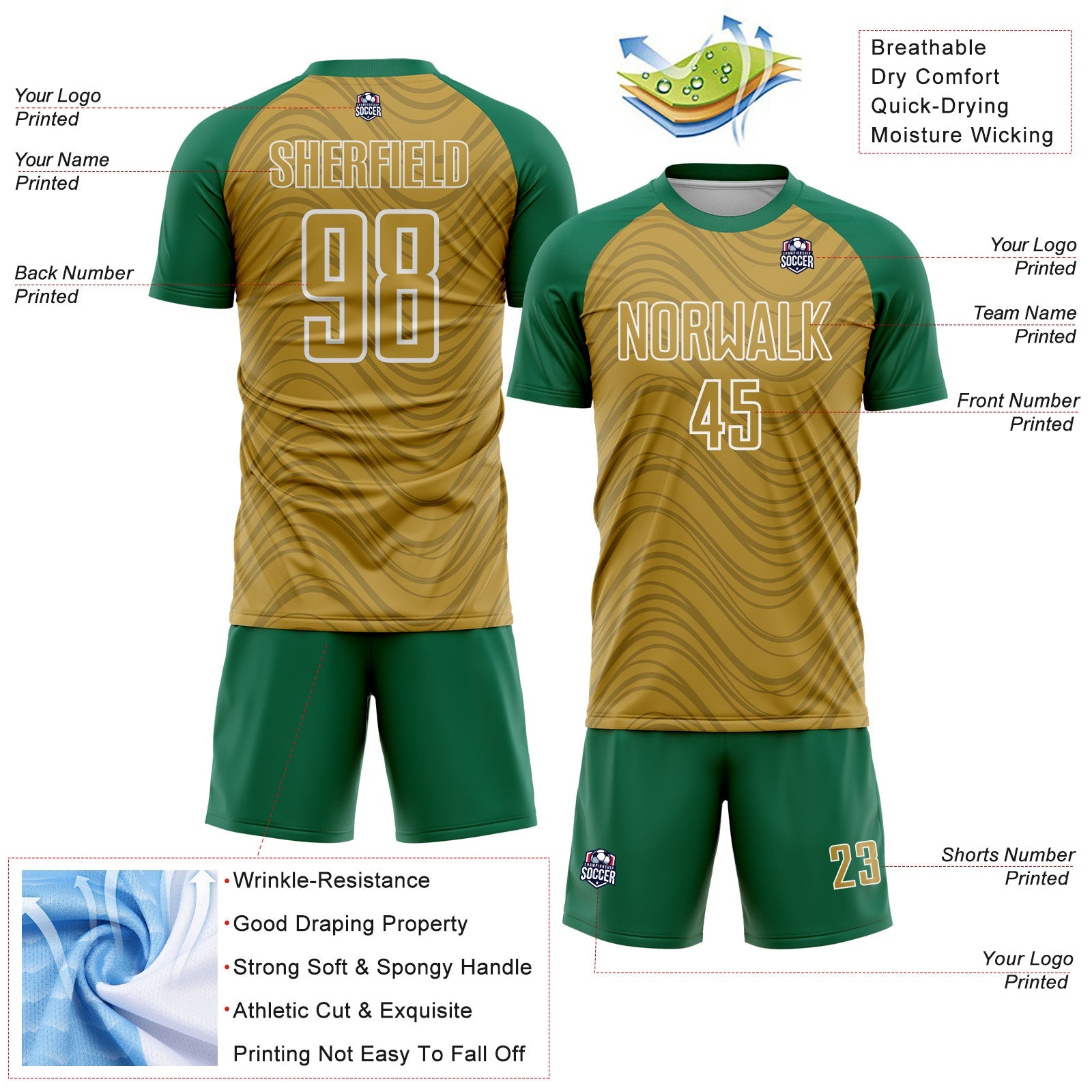 Custom Old Gold Kelly Green-White Wavy Lines Sports Sublimation Soccer Uniform Jersey view 4