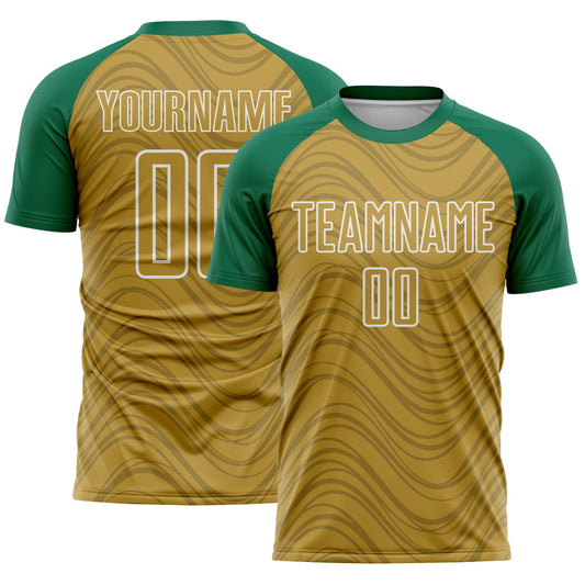 Custom Old Gold Kelly Green-White Wavy Lines Sports Sublimation Soccer Uniform Jersey - Main View