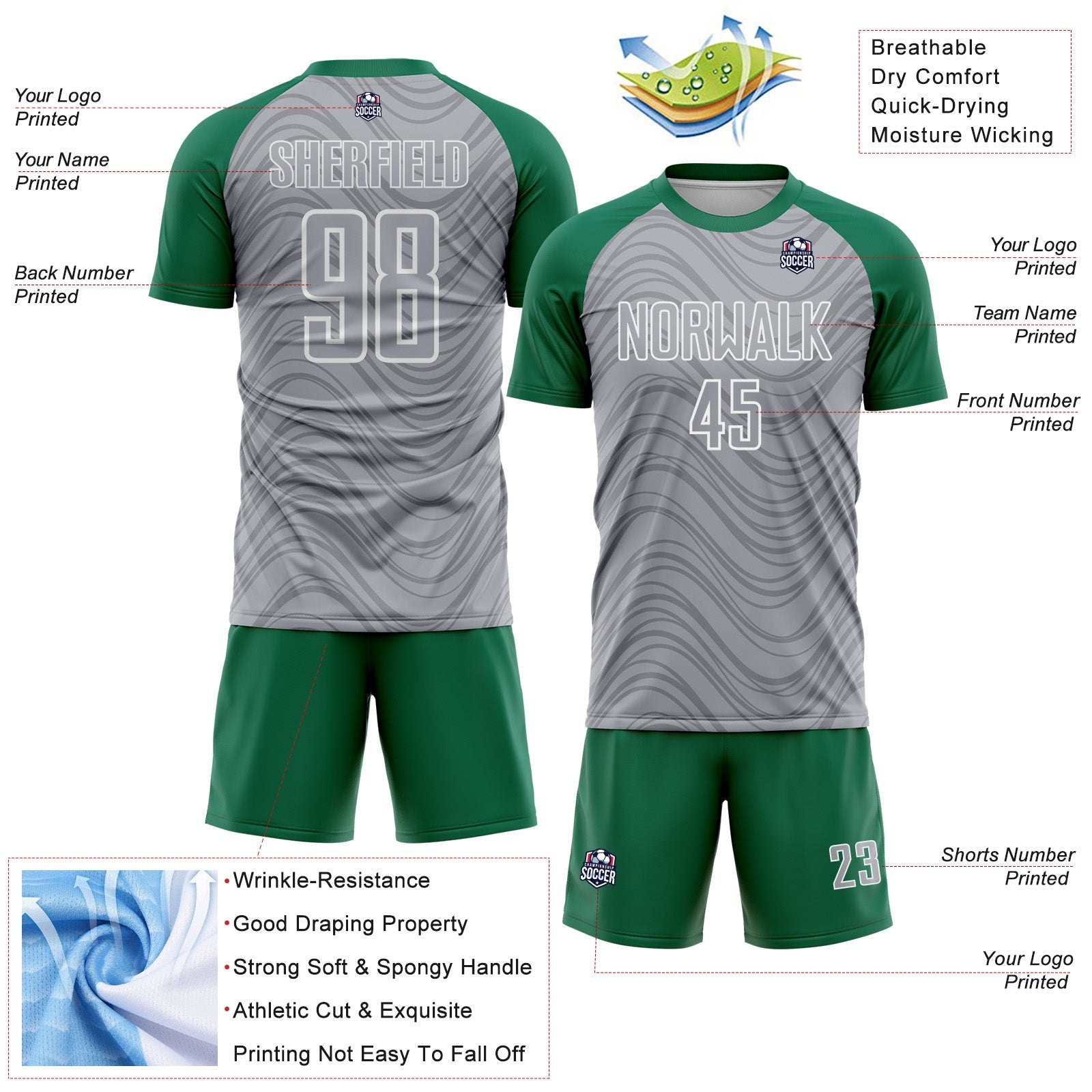Custom Gray Kelly Green-White Wavy Lines Sports Sublimation Soccer Uniform Jersey view 4