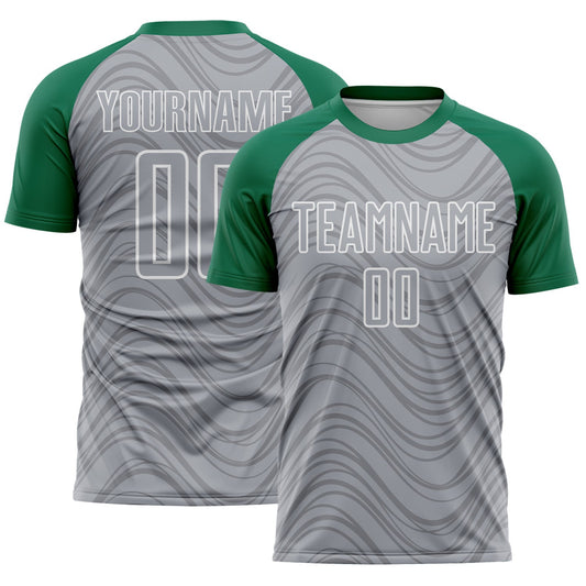 Custom Gray Kelly Green-White Wavy Lines Sports Sublimation Soccer Uniform Jersey - Main View