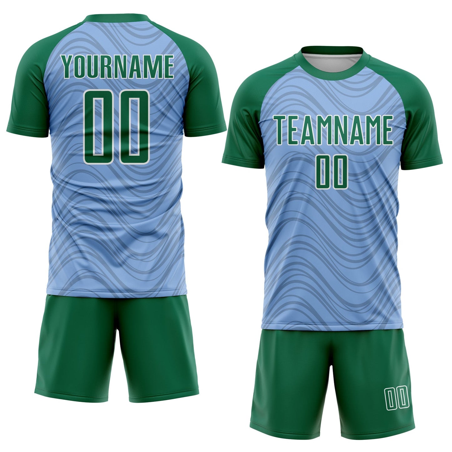 Custom Light Blue Kelly Green-White Wavy Lines Sports Sublimation Soccer Uniform Jersey view 2