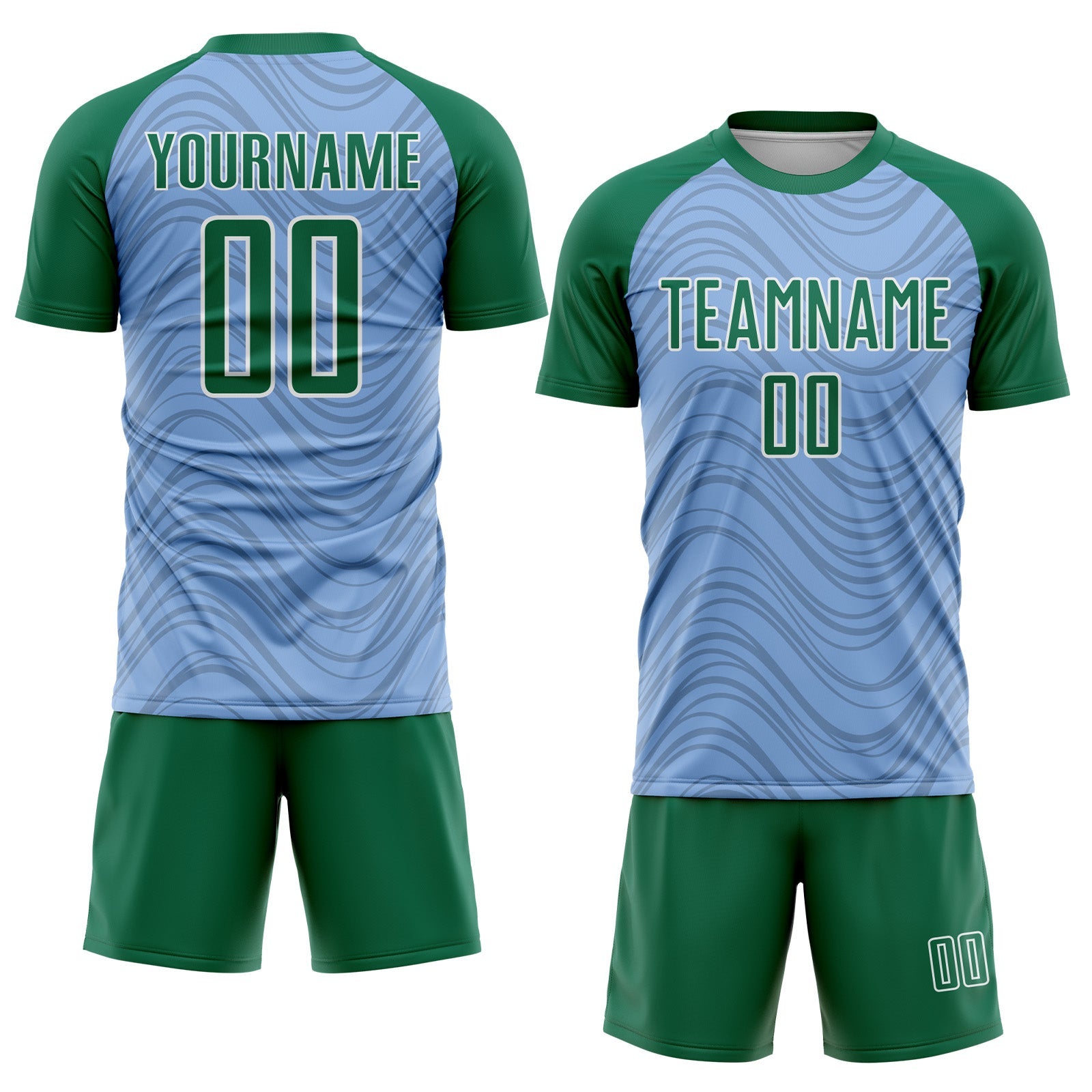 Custom Light Blue Kelly Green-White Wavy Lines Sports Sublimation Soccer Uniform Jersey view 2
