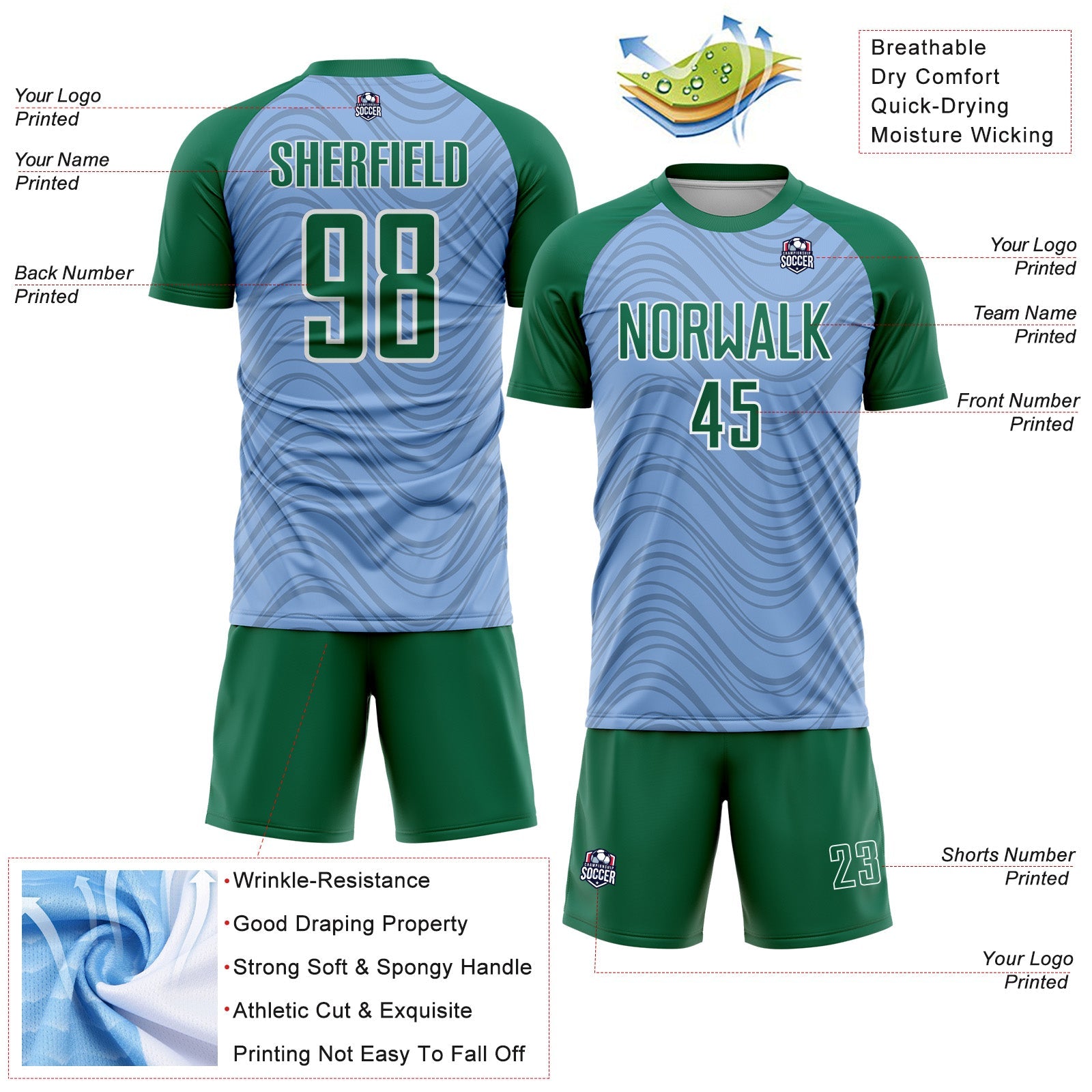 Custom Light Blue Kelly Green-White Wavy Lines Sports Sublimation Soccer Uniform Jersey view 4